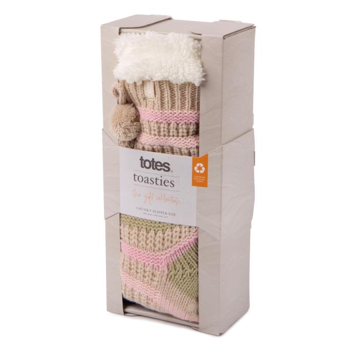 totes Ladies Textured Stripe Slipper Socks Cream Extra Image 1